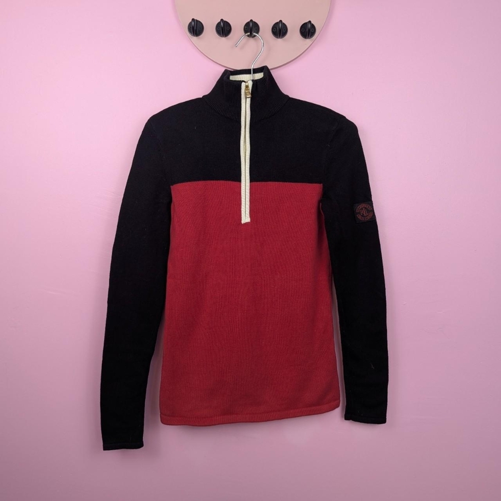 Lauren Ralph Lauren Red, Black, & White Color Block Quarter Zip Sweater